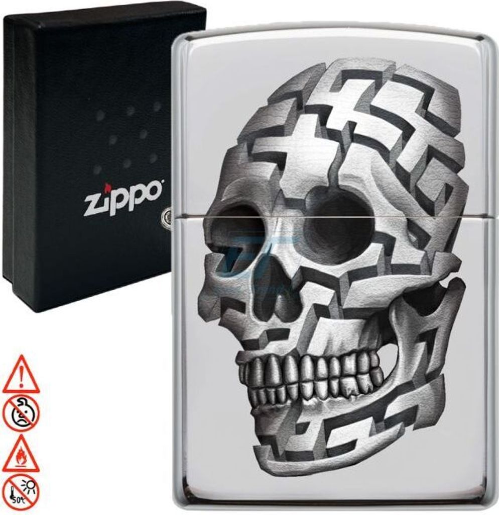 Zippo Feuerzeug Chrom poliert mit 3D Skull Gravur windfest nachfüllbar Benzin Sturmfeuerzeug