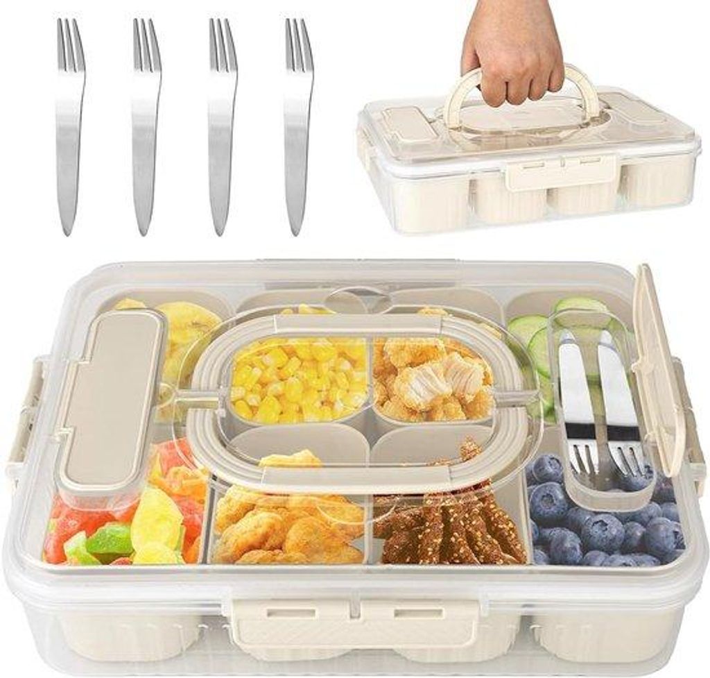 portable Snackbox mit Fach und Abdeckung + 4 Gabeln, 4-Teilige Snackteller für Picknick, Snacks, Obst, Kekse, Dessert