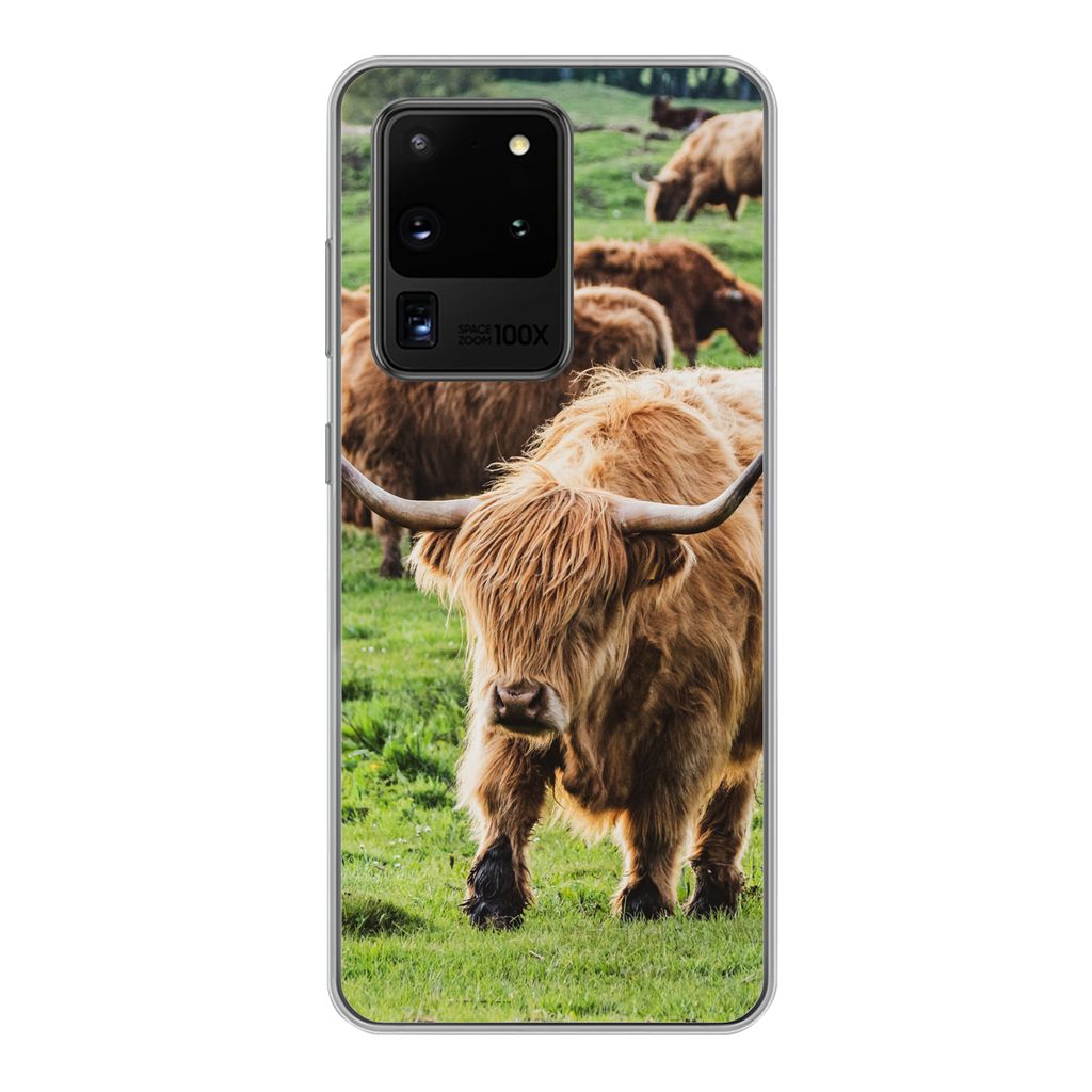 MuchoWow Handyhülle Schutzhülle Hülle für Samsung Galaxy S20 Ultra Schottische Highlander - Tiere - Gras Silikon Softcase Handy Hülle - Kart...