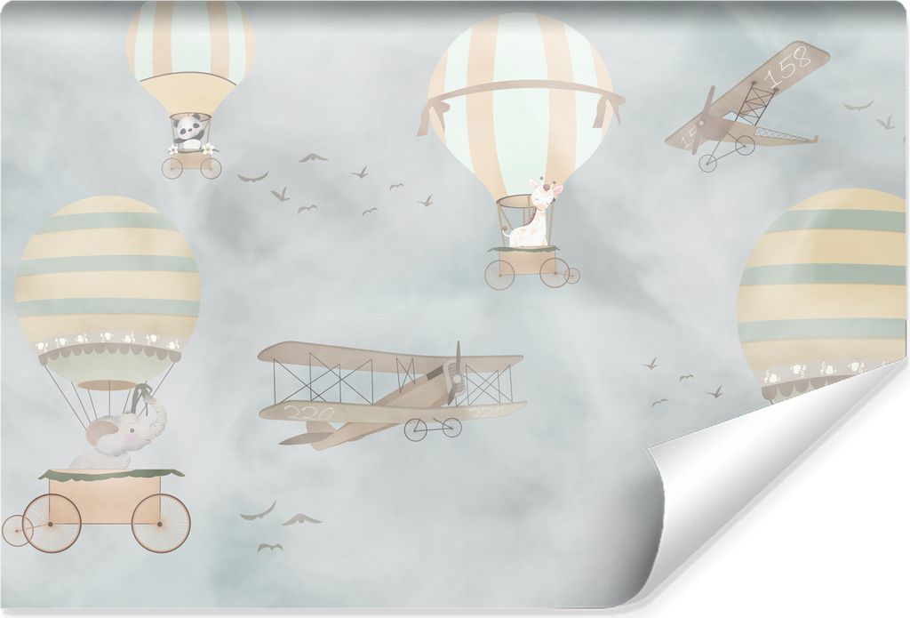Muralo Vlies Fototapete für Kinder LUFTBALLONS Tiere Flugzeuge Br. 90cm x Hö. 60cm