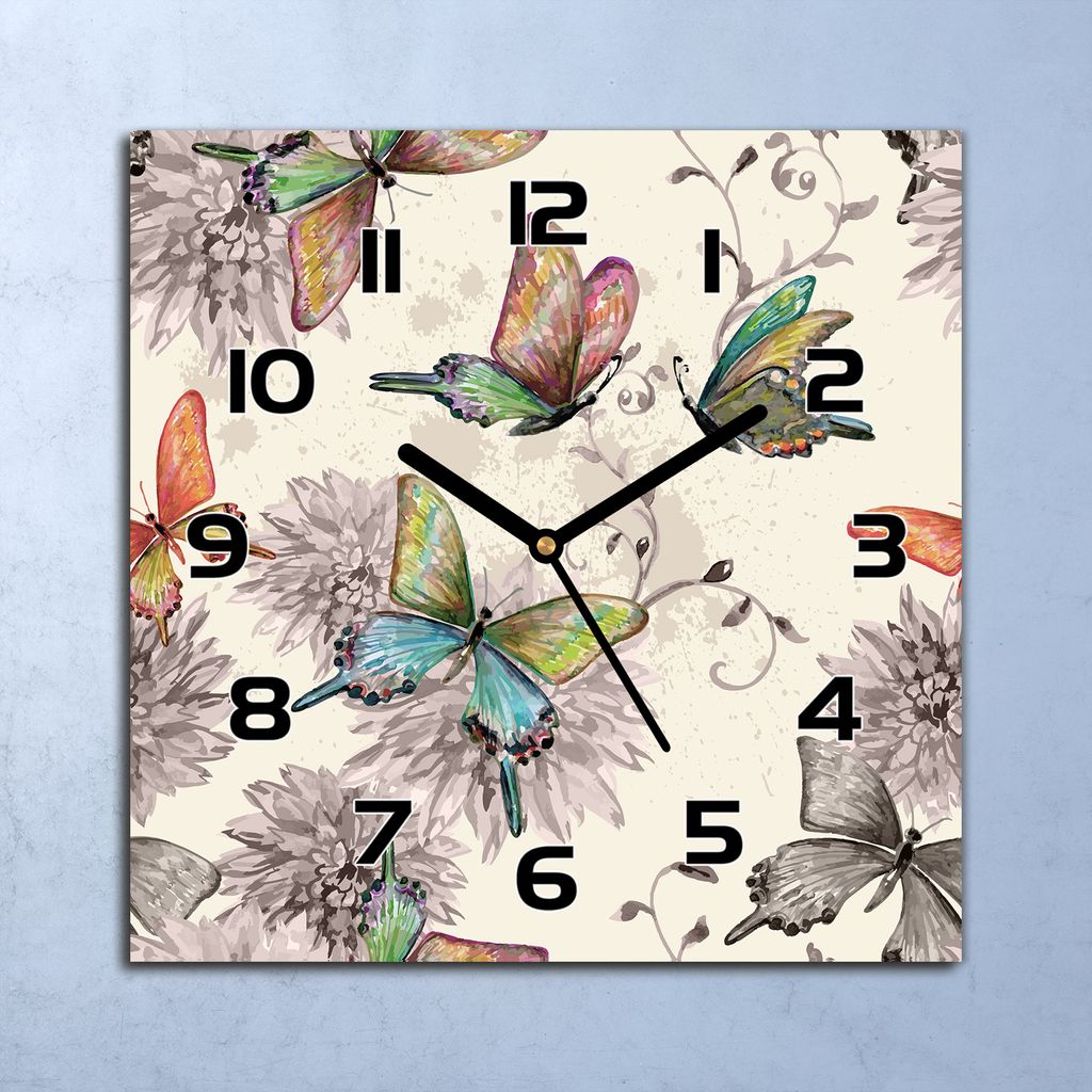 Wanduhr Echt-Glas-Küchenuhr Schmetterling Blumen Quarz 30x30 Deko Bilder