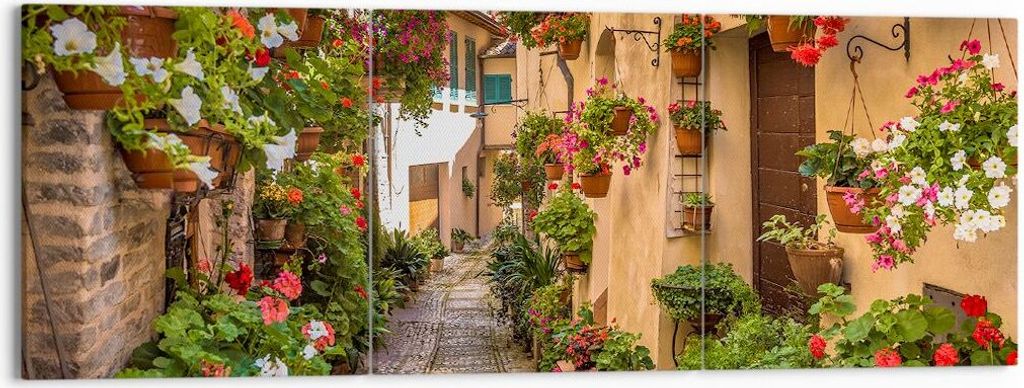 Bild auf Leinwand - Leinwandbild - Path Blumen Haus Hof - 150x50cm - Wand Bild - Wanddeko - Leinwanddruck - Bilder - Kunstdruck - Wanddekoration - ...