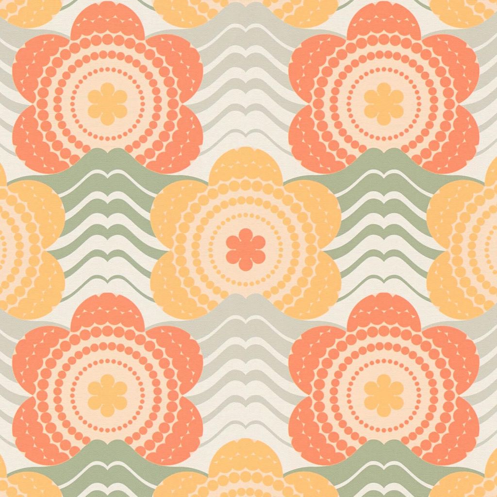 Profhome 395394-GU Retro Tapete Blumen orange grau ocker-gelb oliv-grün 4,5 m2