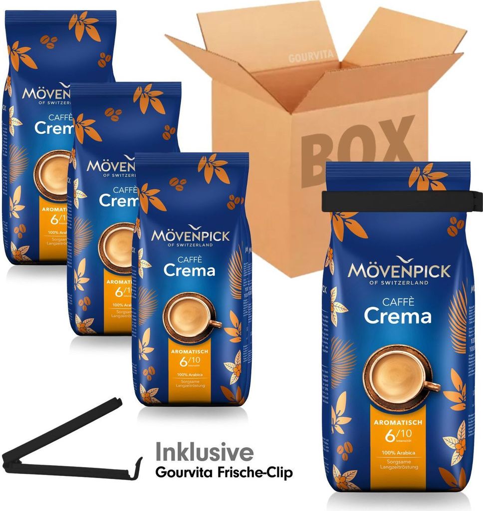 Four bags of MÖVENPICK coffee beans are displayed with a cardboard box and a coffee clip.