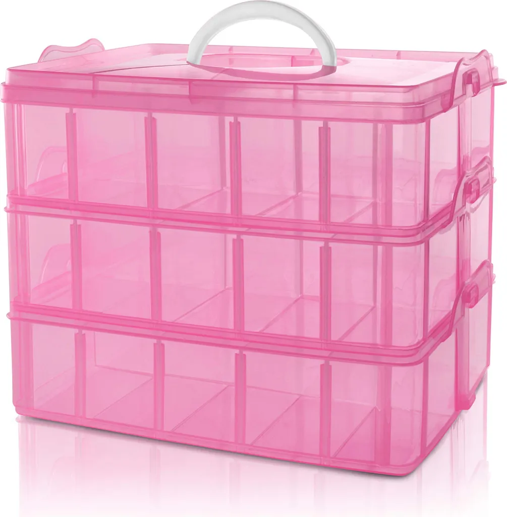 Boîte de rangement empilable 3 niveaux rose avec 30 compartiments réglables