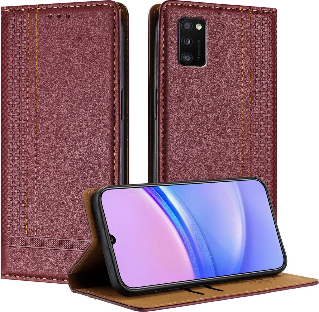 Handyhülle für Samsung Galaxy A41 Leder Flip Klappbare Schutzhülle mit Standfunktion Dunkelrot