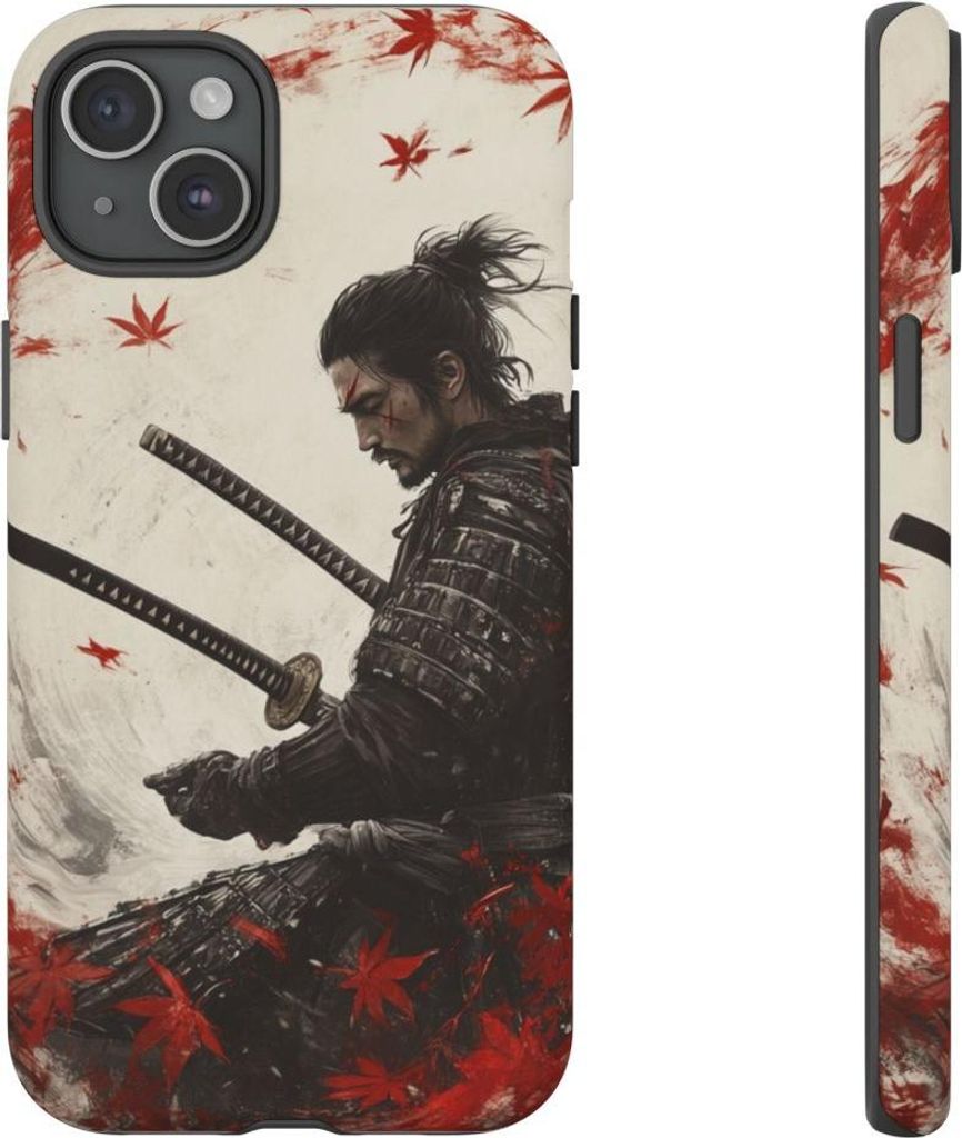 Samurai mit zwei Katanas und roten Ahornblättern – Hülle Kompatibel mit iPhone 15 Plus