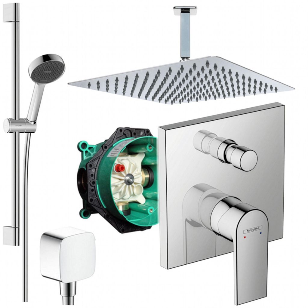 Hansgrohe und Jowi Unterputz Duschsystem, 650mm Brausestange, 300x300mm Kopfbrause, Vernis Shape Duscharmatur, Deckenanschluss