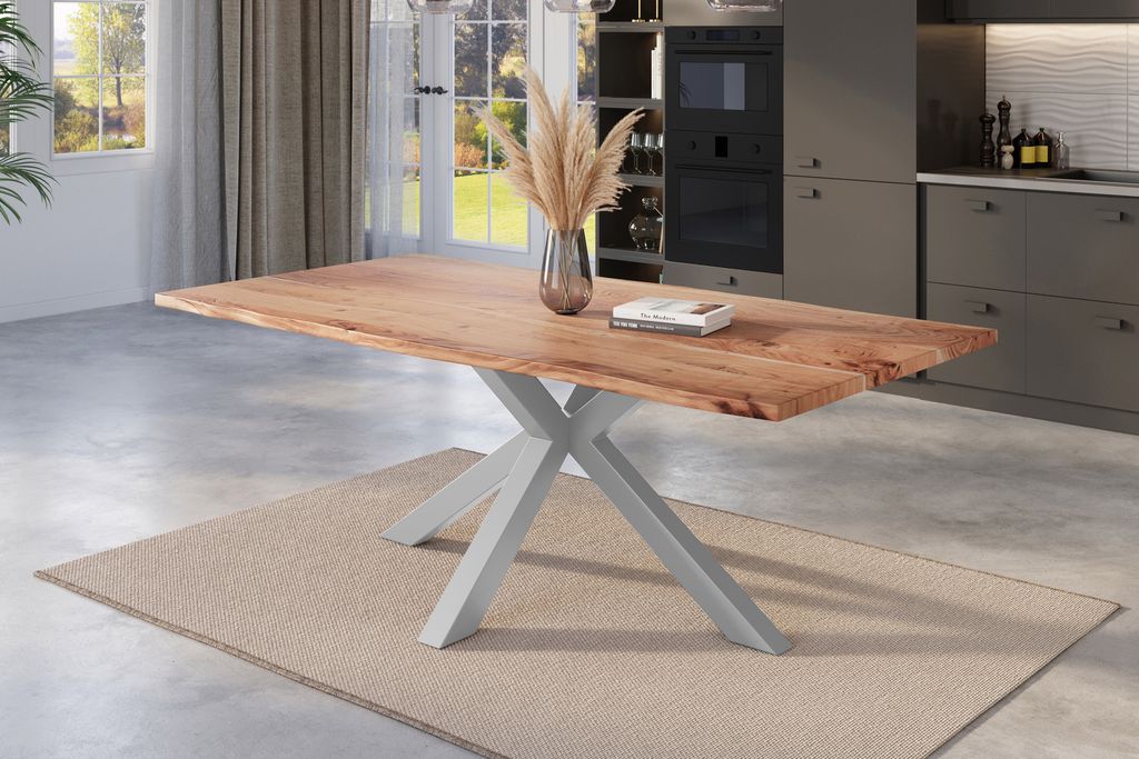 Esstisch Baumkante massiv Akazie natur 220 x 100 cm Spider-Gestell silber Kalea