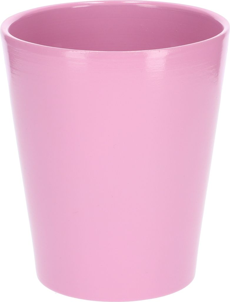 A close-up studio shot of a pink ceramic flower pot against a white background.