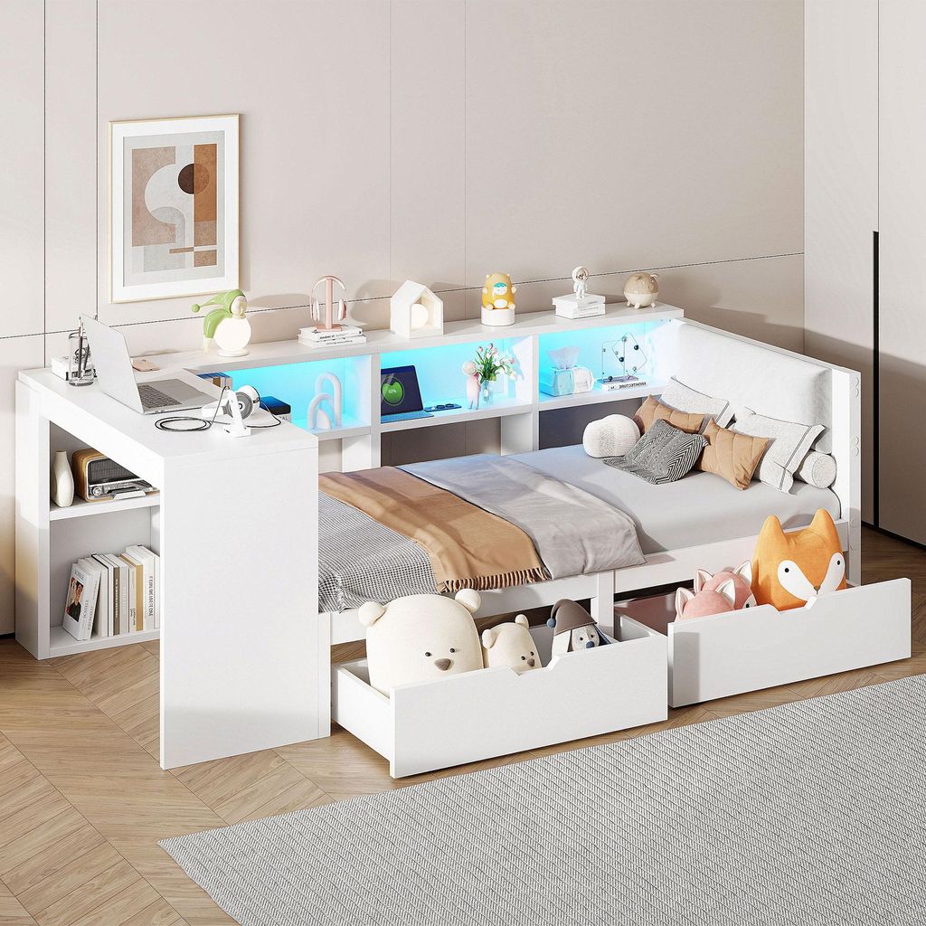 MODFU Lit Avec Rangements 90x200 cm - Lit Simple Avec LED Image du produit 