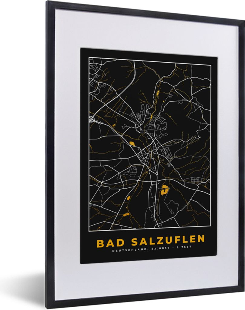 MuchoWow Gerahmtes Poster Deutschland - Schwarz und Gold - Bad Salzuflen - Stadtplan - Karte 30x40 cm - Poster mit Schwarzem Bilderrahmen Wandpos...