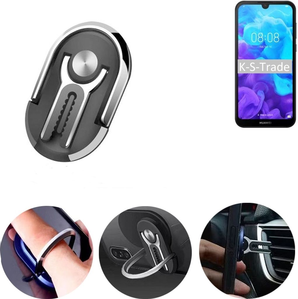 K-S-Trade 3in1 Smartphone-Ring Handy-Ring kompatibel mit Huawei Y5 (2019) Fingerhalterung Handyring Tischständer Lüftungsgitter-Halterung Tisch