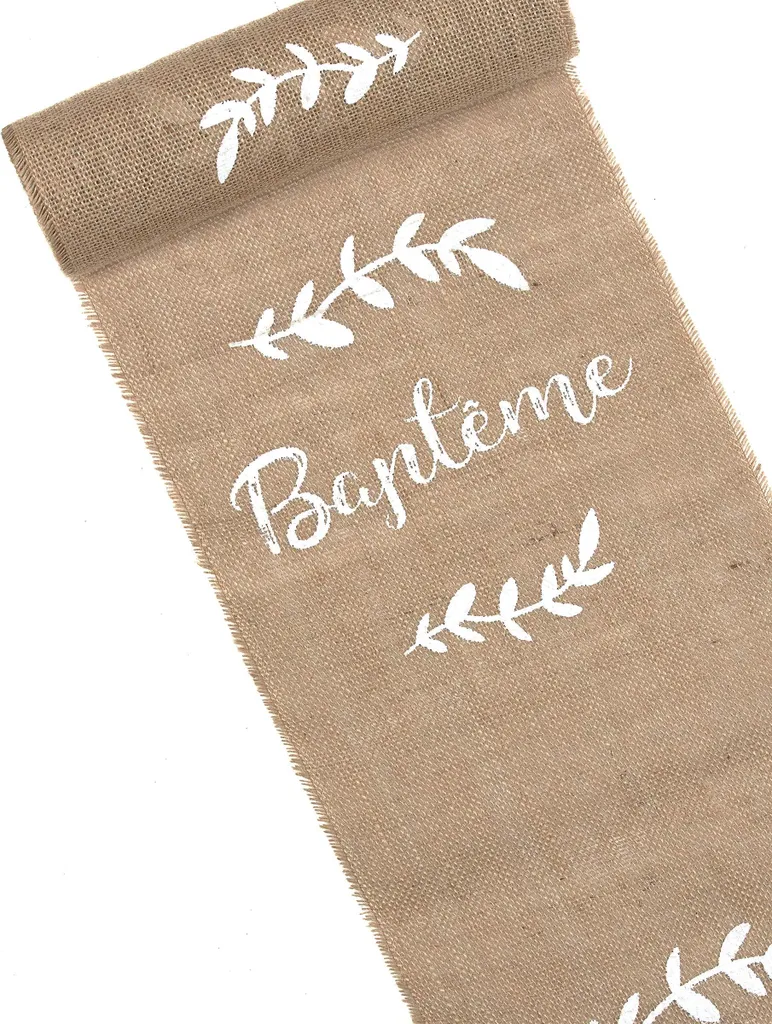 Chemin de table jute taupe 5m : rouleau déco naturelle baptême