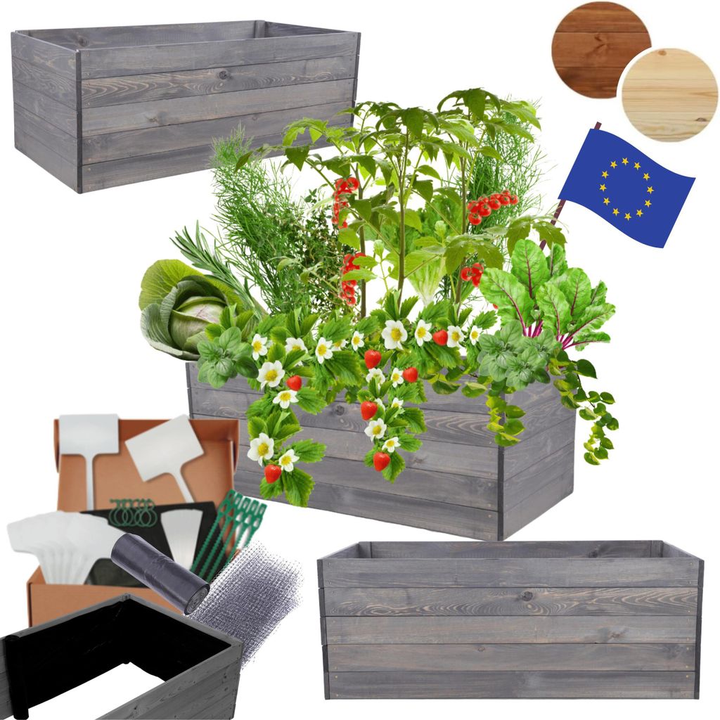 MODO24 Hochbeet Holz, Pflanzkasten, Massivholz, Kiefer, Kräuterbeet, Blumenkasten, Garten, Terrasse, 45x120x80 cm, Grau, ZP06