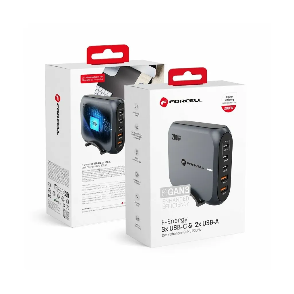 Forcell F-Energy GaN III VT-51 Chargeur de Bureau 200W 5 Ports Gris