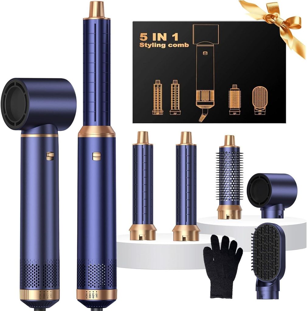 5 in 1 Haarstyler Pro Air Styler Set 1000w Rundbürstenföhn zum Trocknen und Stylen mit Air Curler, Warmluftbürste,Föhnbürste,Haartrockner,Glä...