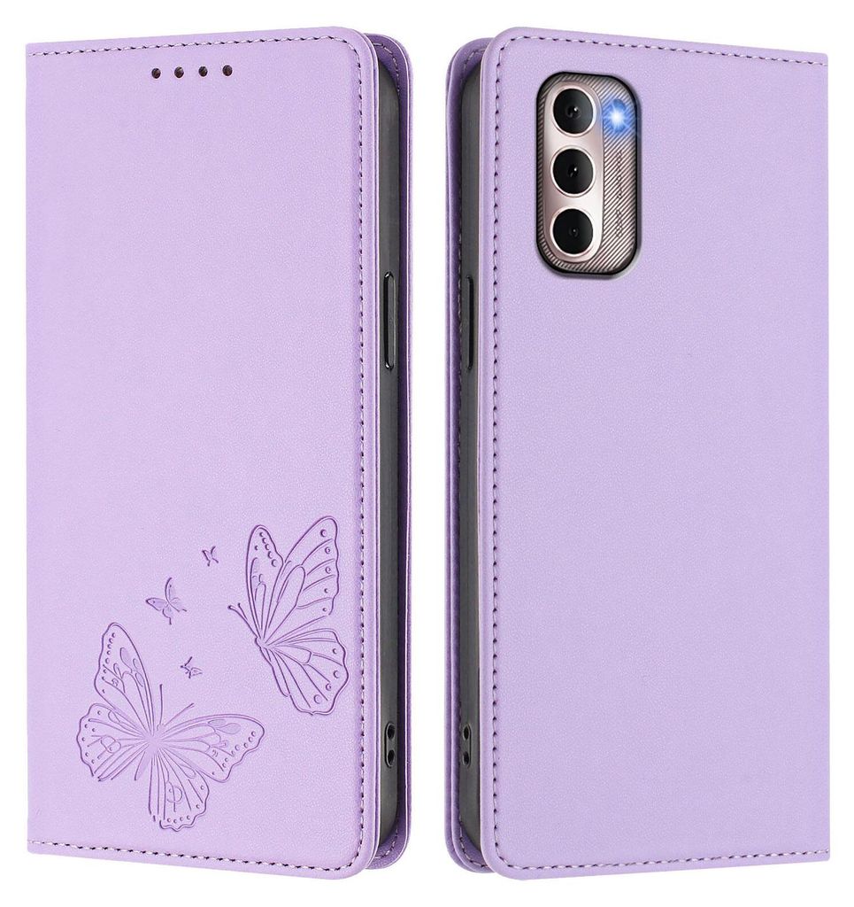 Lederhülle für Motorola Moto G Stylus 2022 4G, Schmetterling Prägung Leder Brieftasche Schutzhülle mit Ständer Violett