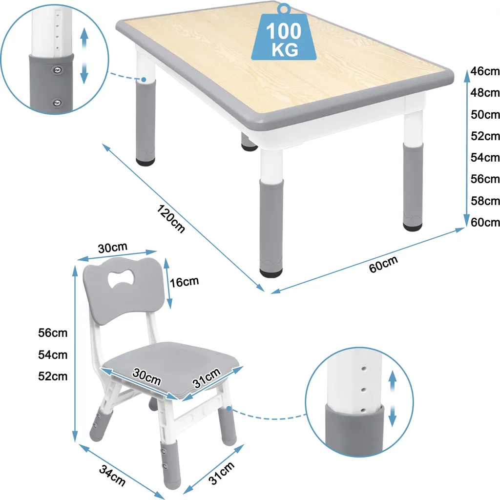 XMTECH Ensemble Table et 4 Chaises Enfant Grises avec Hauteur Réglable - 2
