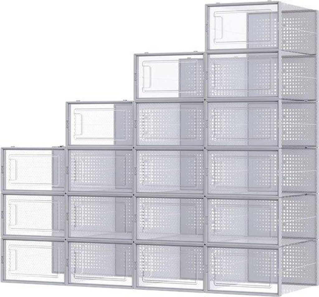 Set aus 18 faltbare, stapelbare Kunststoff-Schuhabstellschränken für große Schuhe transparent-grau LSP006G18.