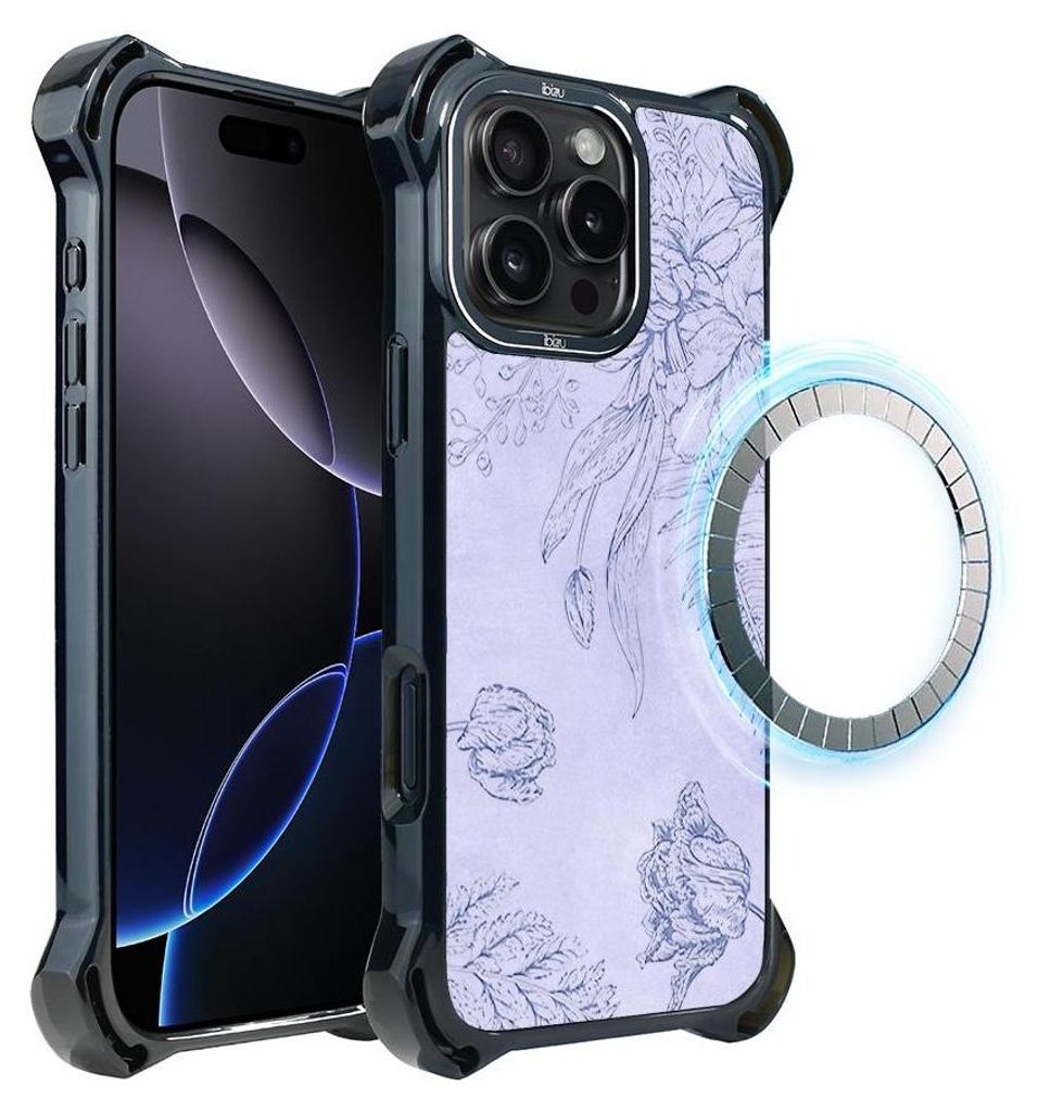 Schutzhülle für das iPhone 16 Pro Max, MagSafe-kompatibel, verstärkte Ecken, schwarz, Blumen, violett