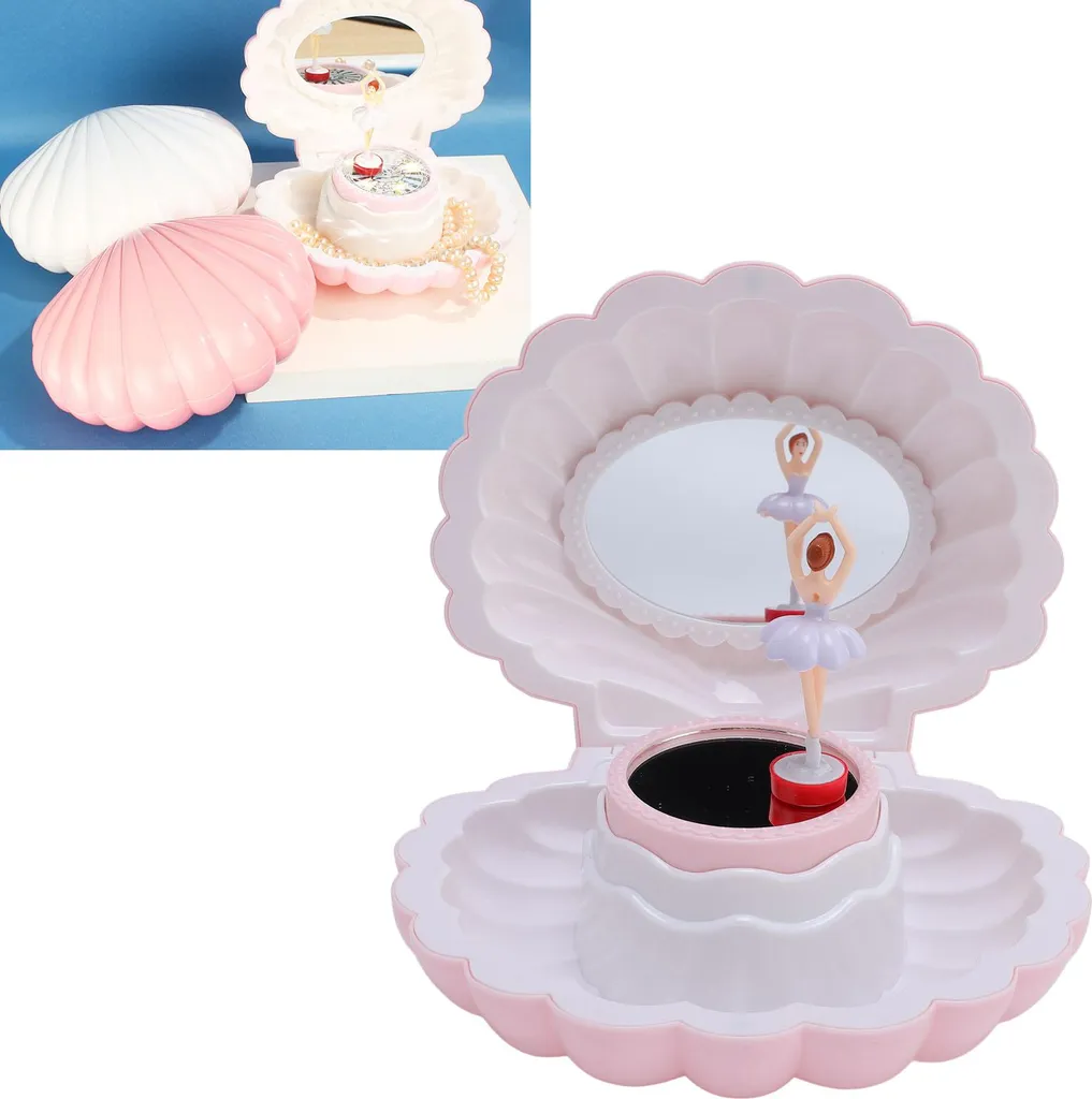 Portagioie Musicale Conchiglia Rosa: Carillon Retrò con Specchio per Bambini