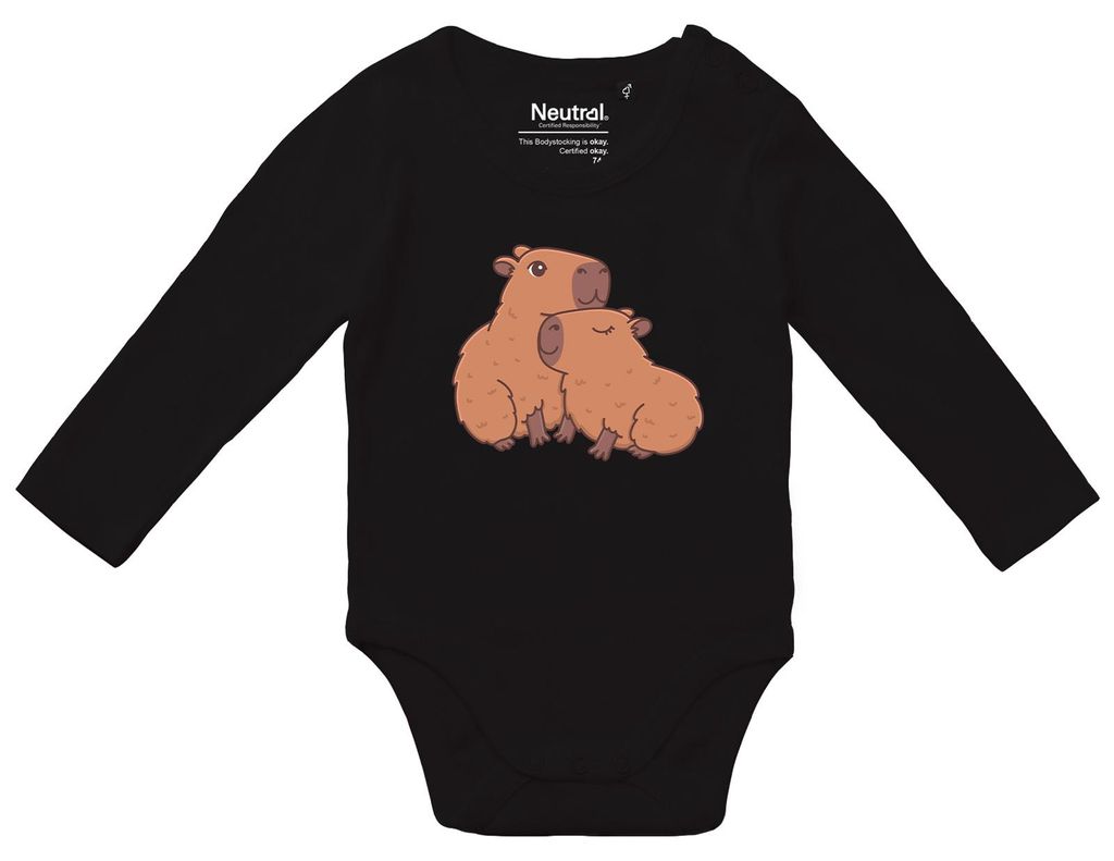 Huuraa Baby Body Capybara Paar Comic 80 Black Baumwolle Fairtrade Langarmbody Geschenkidee