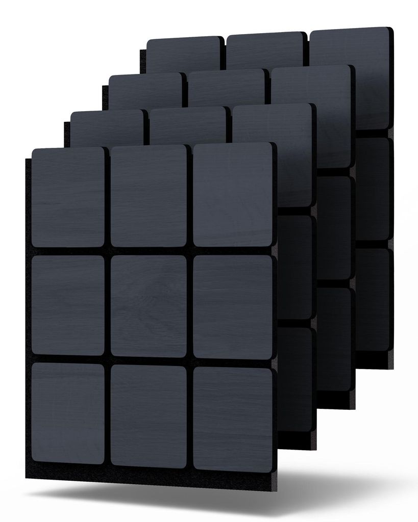 Dalsys 4x Akustikpaneele Holz 60x60cm mit Quadrat-Muster Eiche Schwarz - Wandpaneele Holz für Schallschutz in Arbeits- & Wohnräumen - Akustik Pan...