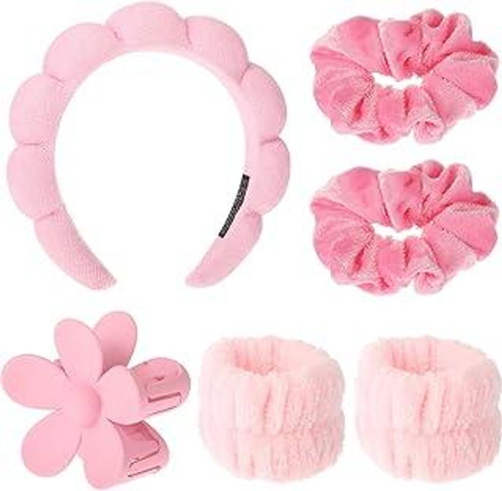 Spa Stirnband Make Up Haarband Waschband Set Haarband Kosmetik Rosa Haarreif Schminken Schmink Haarreif Schwamm Stirnband Spa Headband für Hautpfl...