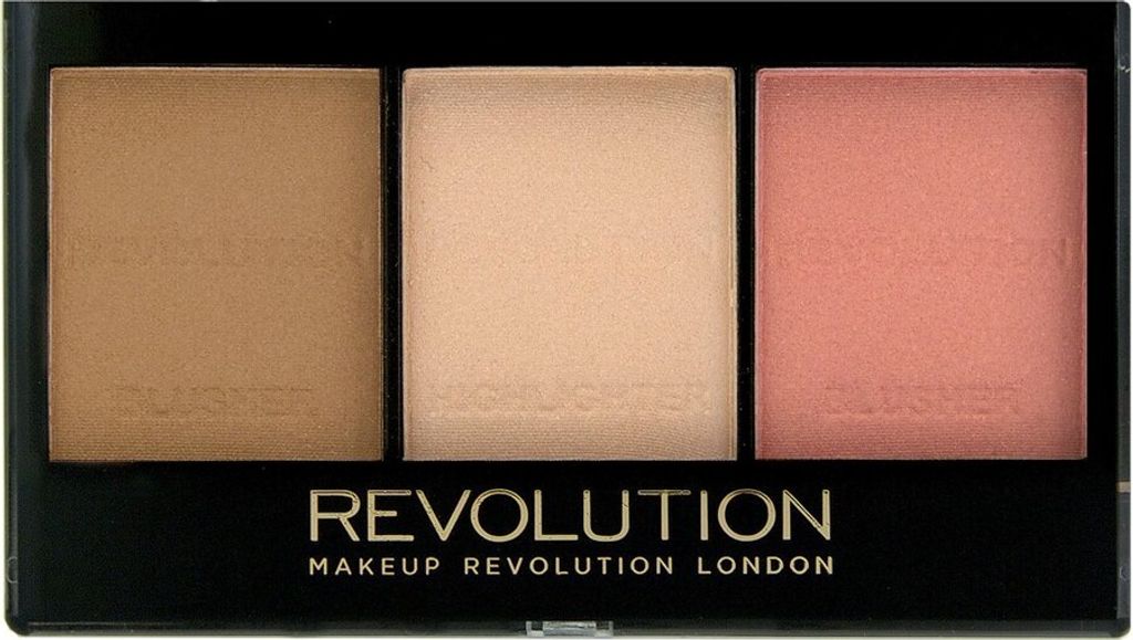 A makeup palette with three shades: bronzer, highlighter, and blush.