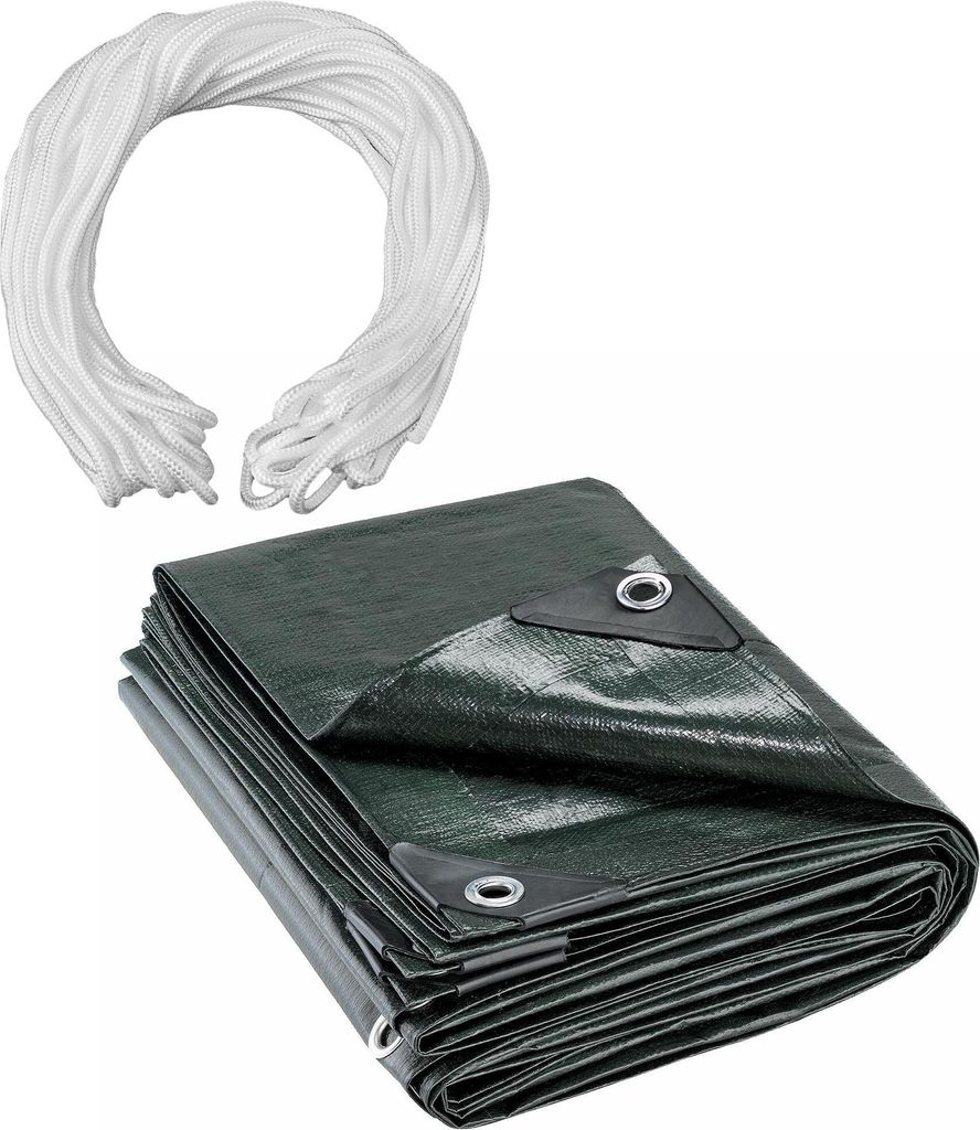 Set / Gewebeplane PE 280g/m² 3x3 grün mit Leine +1x Flechtleine weiß