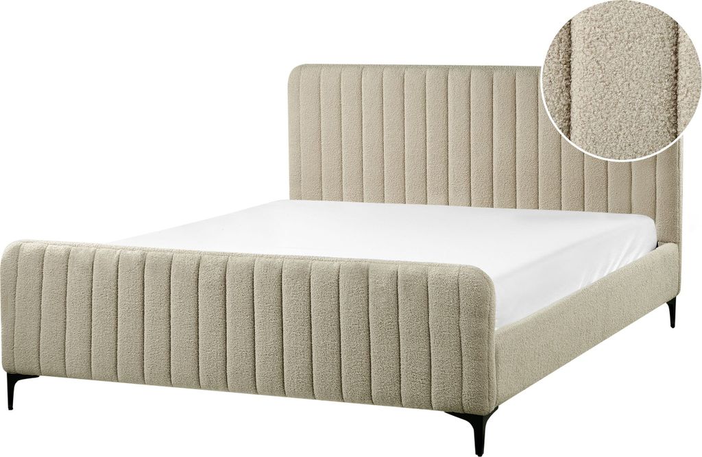 BELIANI Polsterbett Beige Bouclé mit Lattenrost 160 x 200 cm Hohes Gestepptes Kopf- und Fußteil Modern Glam Doppelbett Schlafzimmer Ausstattung