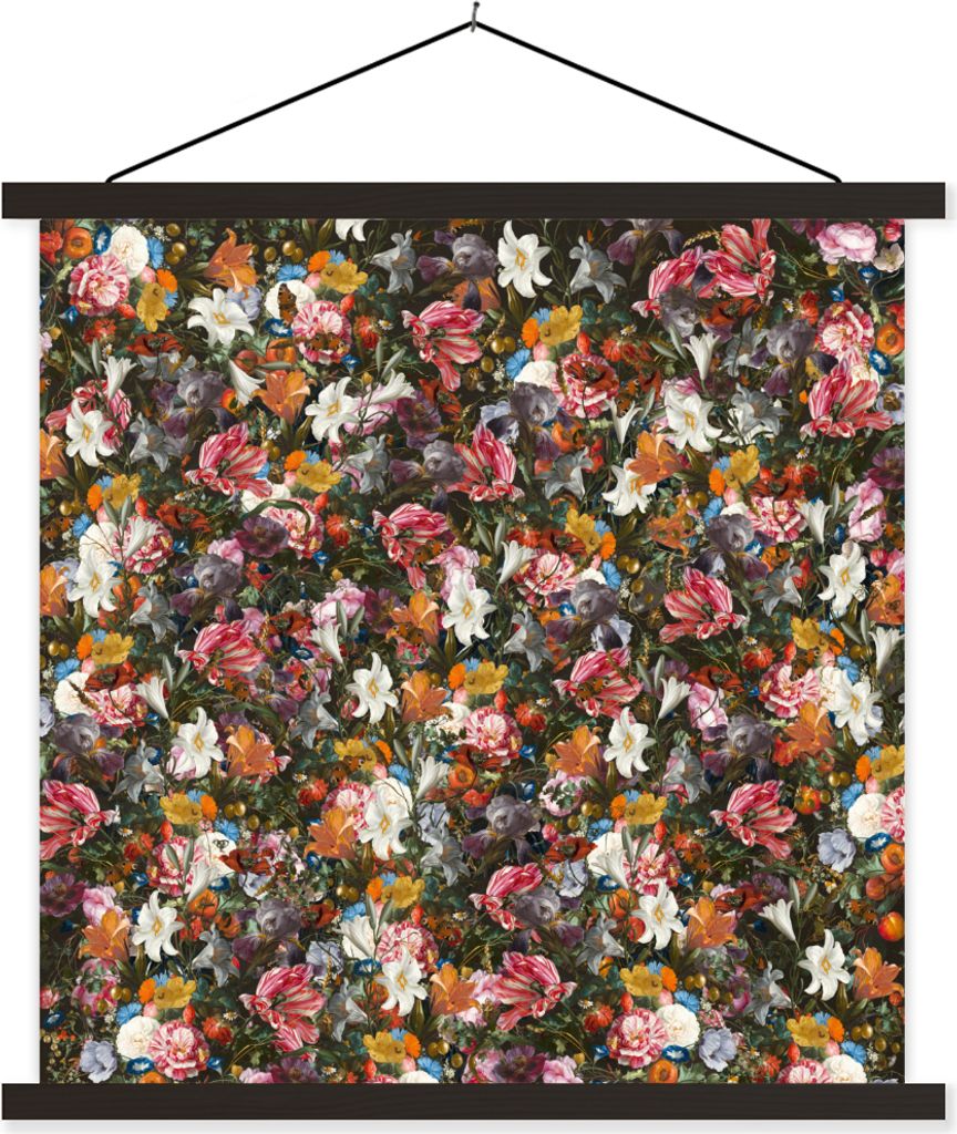 MuchoWow Textilposter Blumen - Schmetterling - Design - Kunst - Abstrakt - Malerei - Alte Meister 90x90 cm mit schwarzem Rahmen - Magnetisches