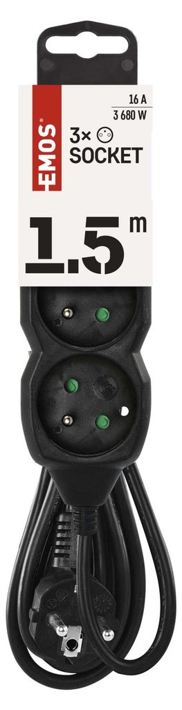 Prodlužovací kabel 1,5 m / 3 zásuvky / černý / PVC / 1 mm2