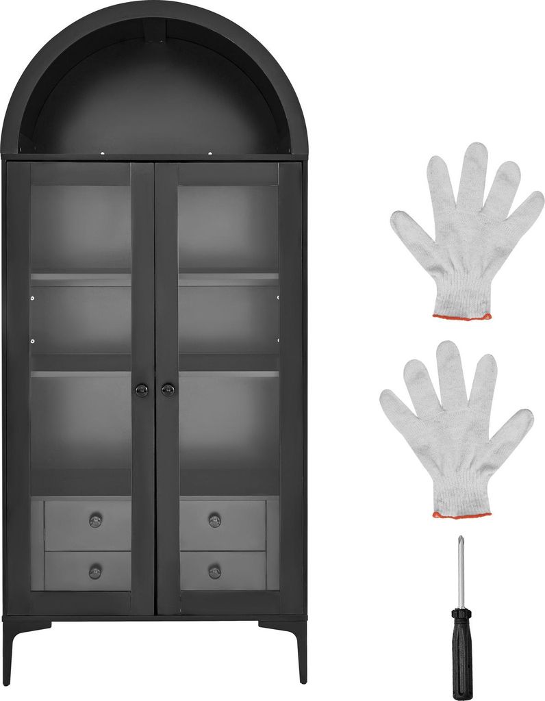 SucceBuy Gewölbte Vitrine mit Glastüren, vierstöckiger Vitrinenschrank (179 cm hoch) mit zwei verstellbaren Regalböden, ideal zur Aufbewahrung ...