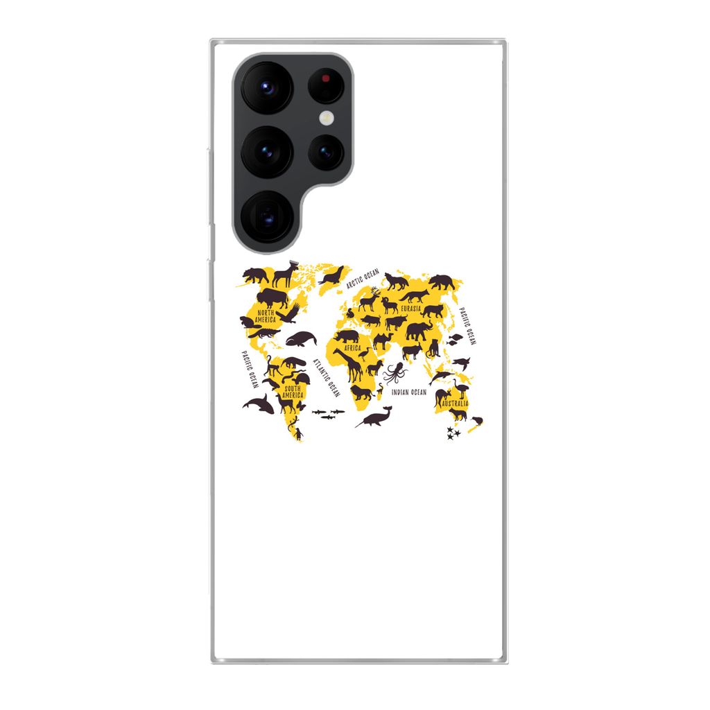 MuchoWow Handyhülle Schutzhülle Hülle für Samsung Galaxy S22 Ultra Weltkarte - Tiere - Gelb Silikon Softcase Handy Hülle - Abbildung