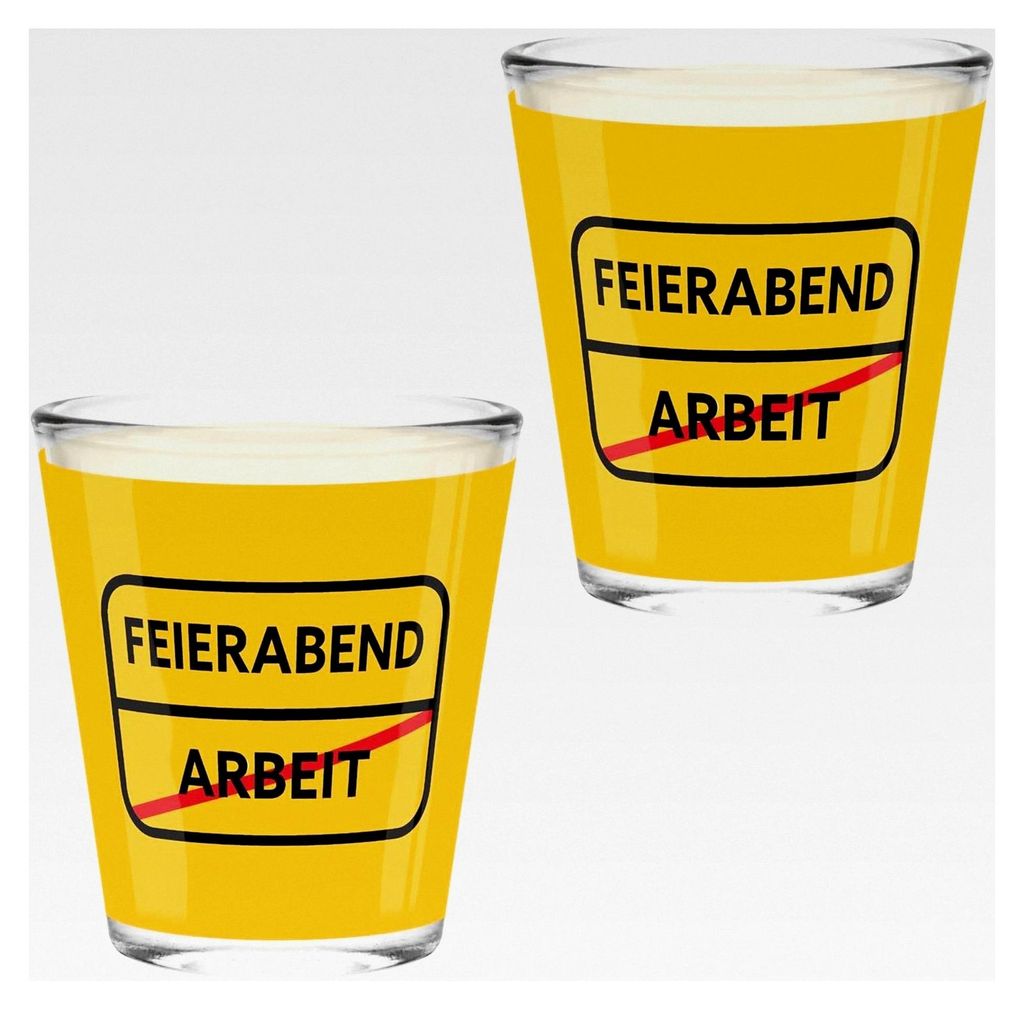 Schnapsglas-Set mit Motivdruck "Feierabend" | Geschenkset mit 2 Schnapsgläsern, je Glas 6 cl, farbiger Druck | lustiges Geschenk für Männer