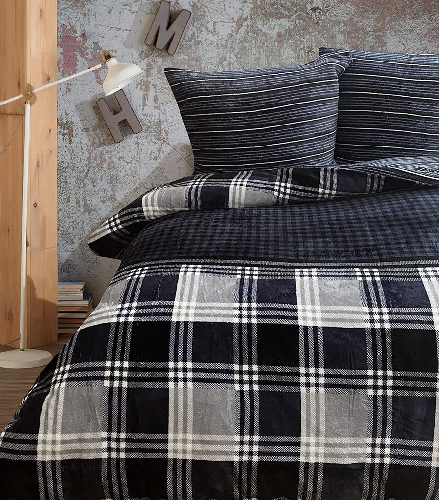 Teddy Plüsch Bettwäsche 155x200 cm Winter Cashmere Touch Flauschig schwarz grau kariert 4 teilig