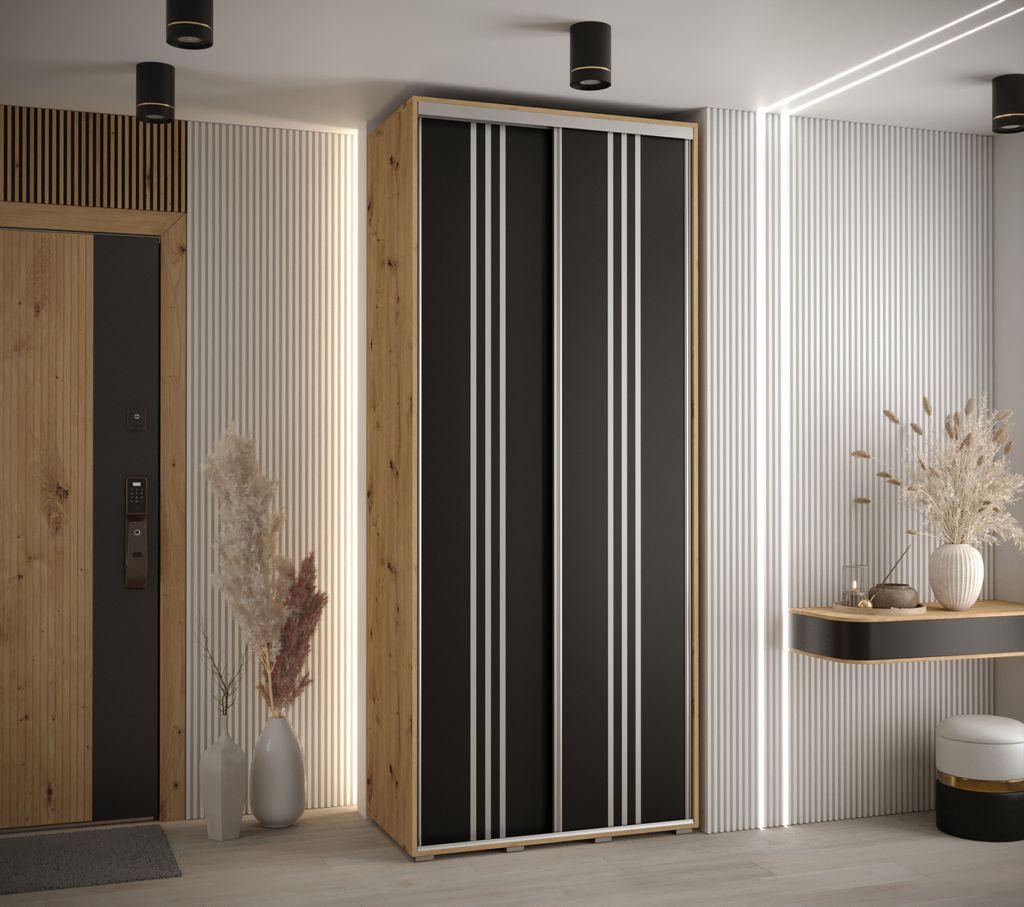 Kleiderschrank ASIRI 6 - 100/60 cm, Artisan-Eiche / Schwarz / Silber