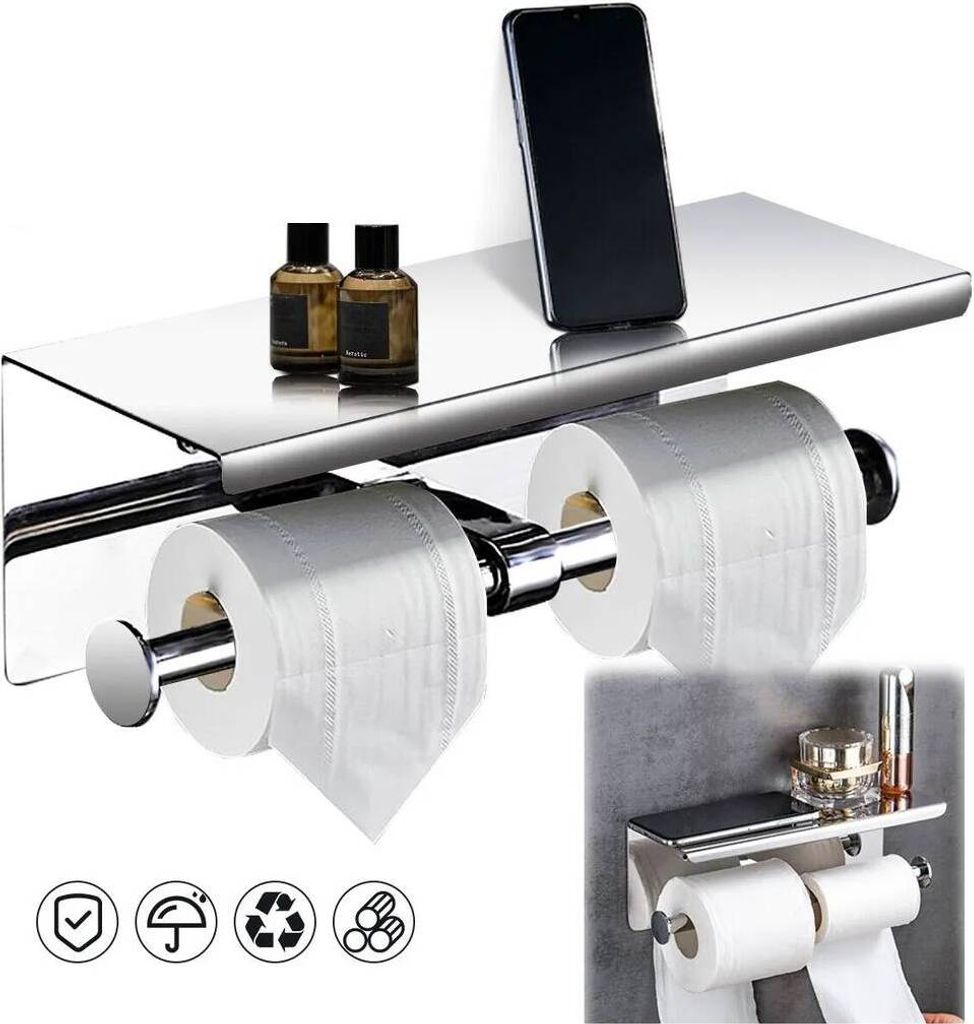 Edelstahl Toilettenpapierhalter zur Wandmontage, Klopapierhalter Toilettenpapierhalter mit Ablage WC Klorollenhalter, Silber