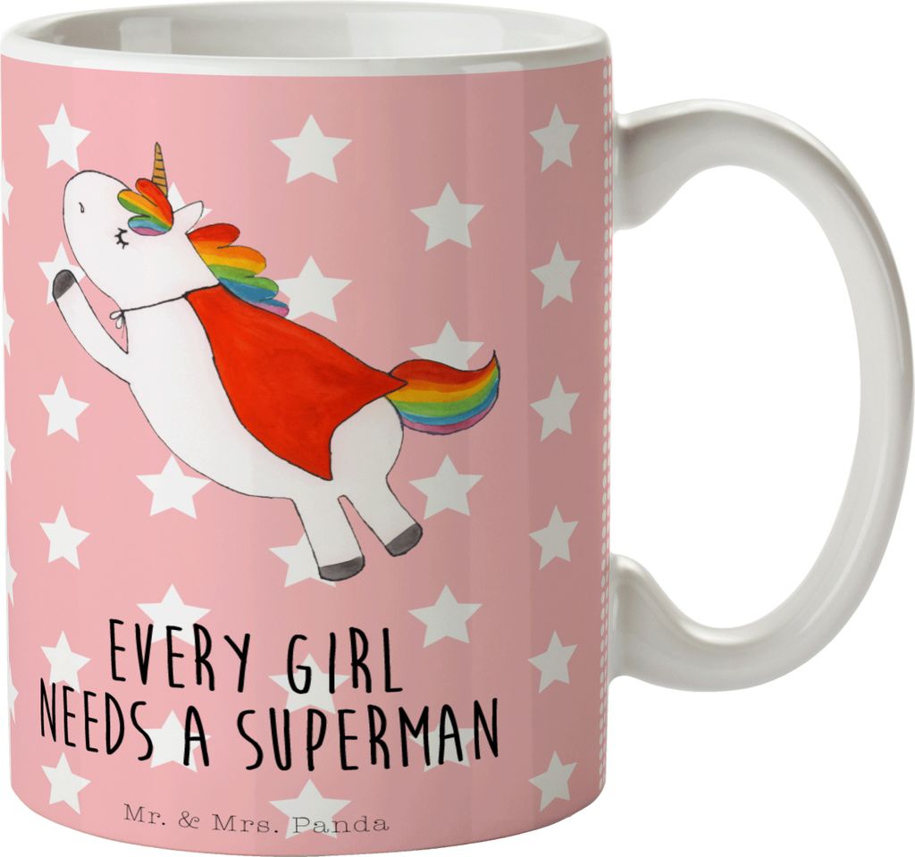 Mr. & Mrs. Panda Kaffeetasse Einhorn Super - Rot Pastell - Geschenk, Bedruckte Tasse, Keramiktasse, Kaffeepott, Einhörner, Becher, Unicorn, Superh...