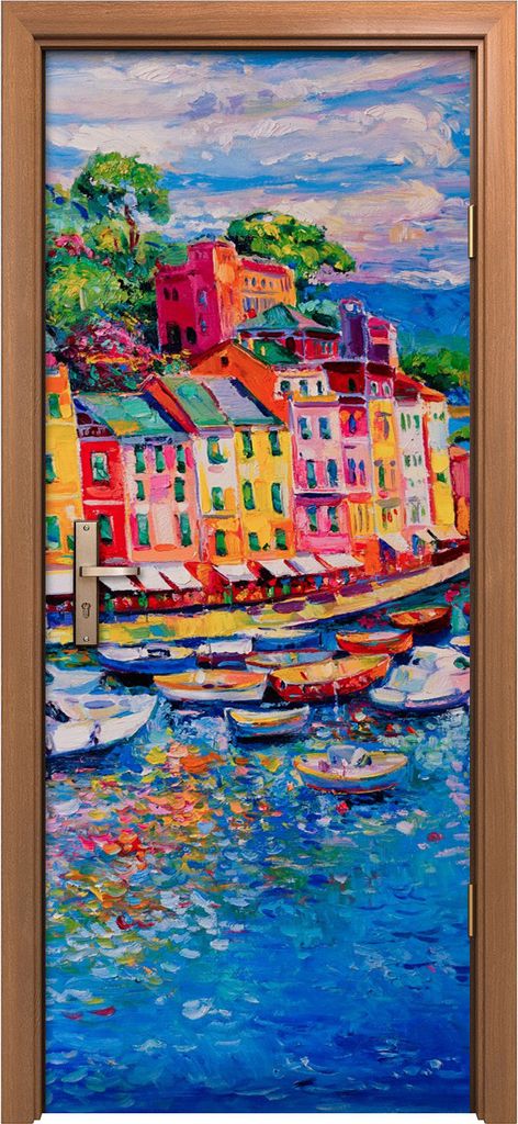 Türposter 80x200 cm Türaufkleber Türtapete Türfolie Klebefolie Ozean farbenfrohe Stadt Seeboote