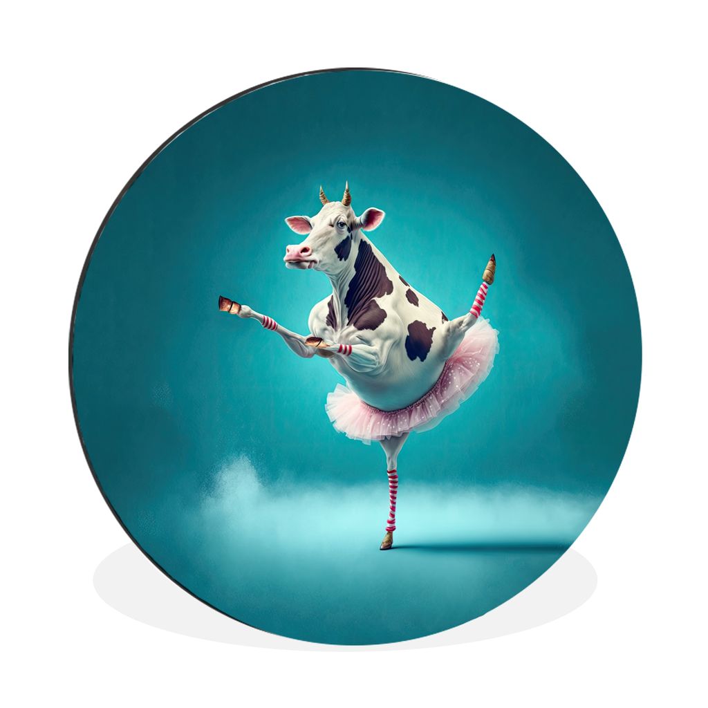 MuchoWow Aluminium Wandkreis Kuh - Ballett - Porträt - Blau - Tiere - Kind Ø 90 cm Wanddeko Modern Wohnzimmer - Mauerkreis - Wandbilder - Runde...