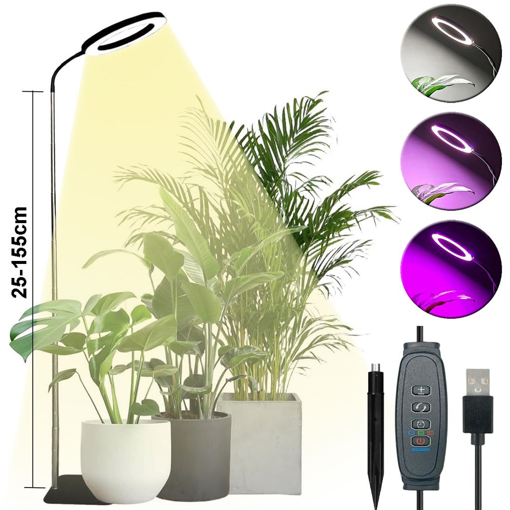LED Pflanzenlampe Vollspektrum Höhenverstellbar 155cm, Led Grow Lampe Dimmbar Basis,Wachstumslampe 3Modi Timer Zimmerpflanze Gewächshaus(schwarz,...