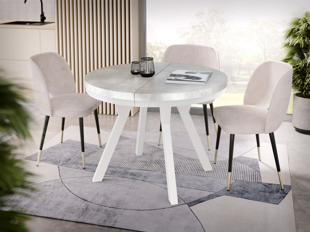 Designer Runder Ausziehbarer Esstisch - Loft-Stil, Industriell, Platzsparend - Weiße Beine - 100 bis 200 cm - für 5-10 Personen - Hergestellt in ...