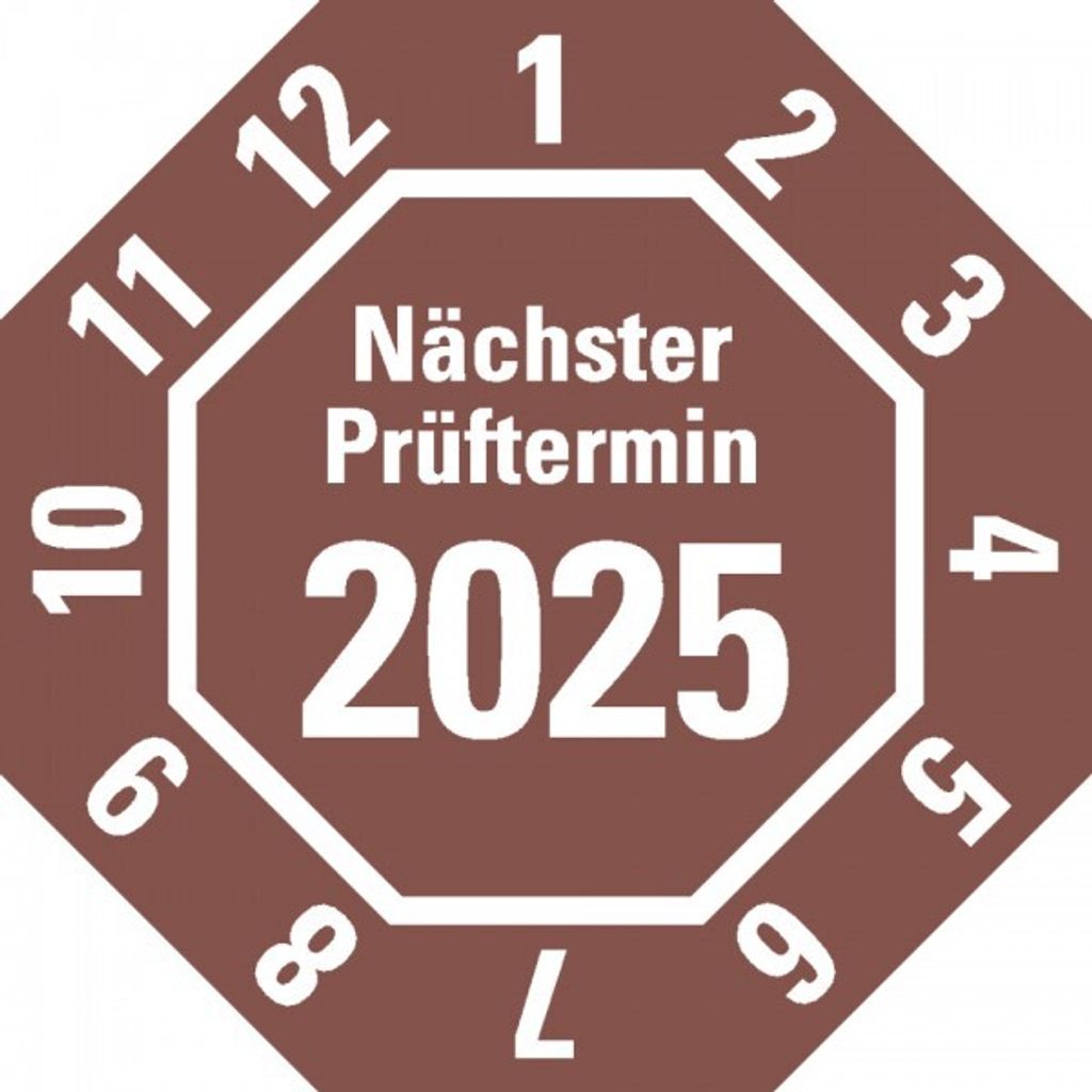 Dreifke Aufkleber I Prüfplakette Nä.Prüftermin 2025, 8-eckig, braun, Dokufol...