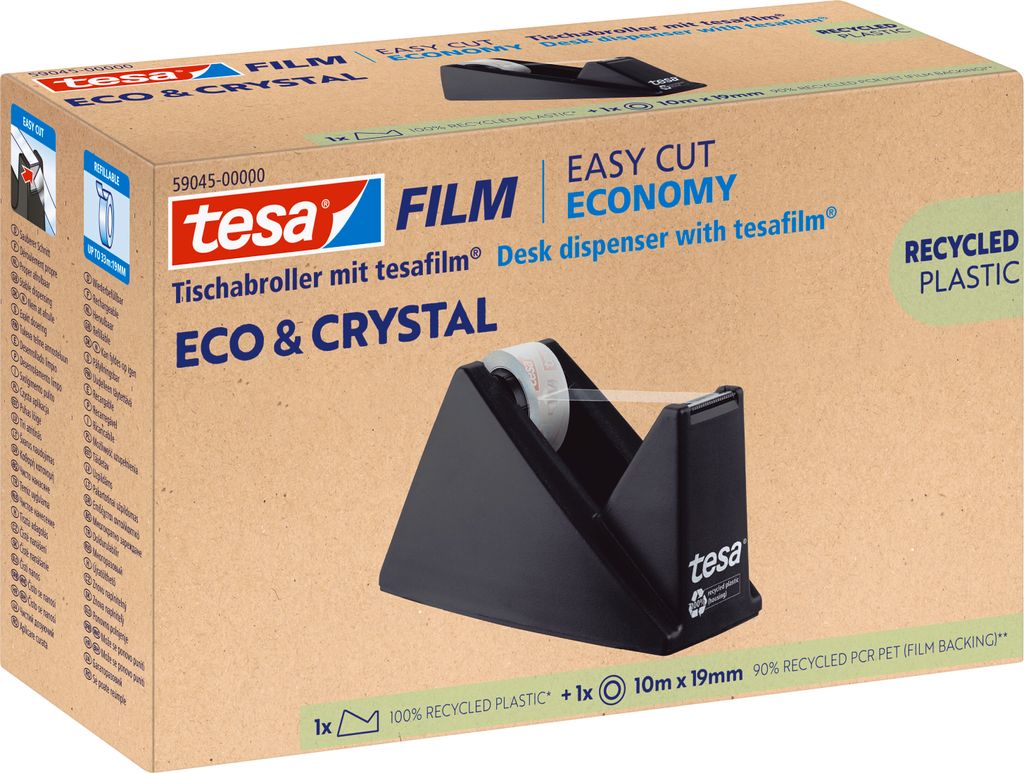 tesafilm eco & crystal Klebeband im Set mit Tischabroller - 1 Rolle je 10 m