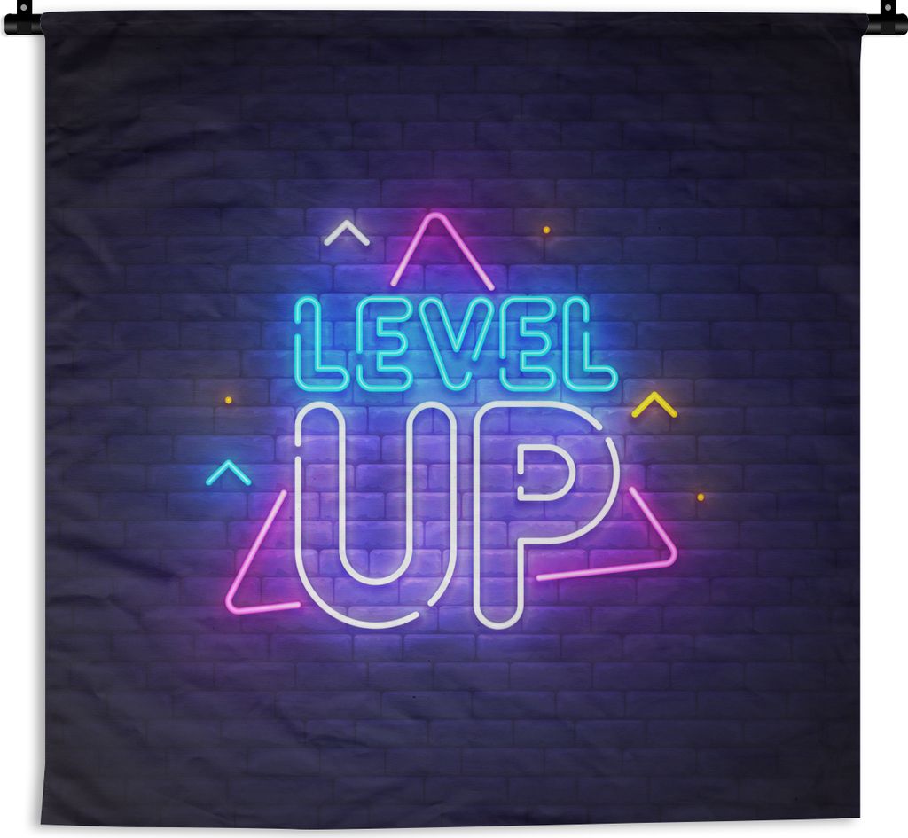 MuchoWow Wandteppich Wandbehang Spiele - Neon - Level Up - Zitate - Spiele 120x120 cm Tapisserie Dekoration Wandtuch - Modern - Baumwollgewebe