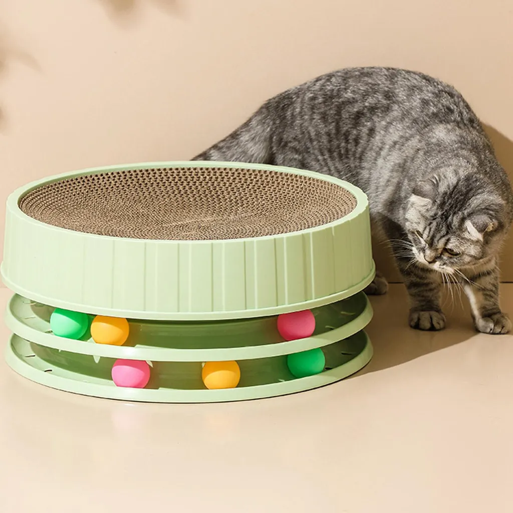 Griffoir chat résistant haute densité et jouet rond interactif vert 35cm - 2