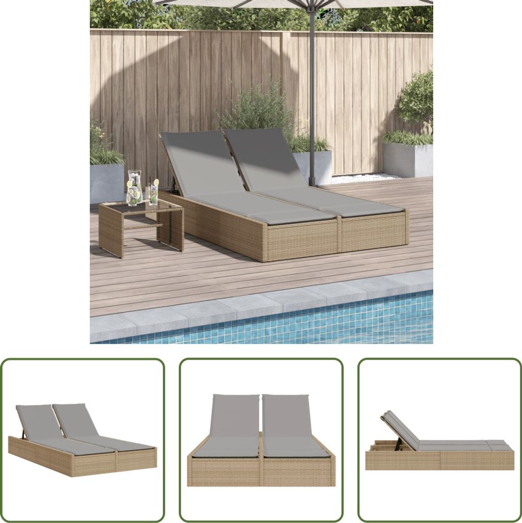 The Living Store Doppel-Sonnenliege mit Auflagen Beige Poly Rattan